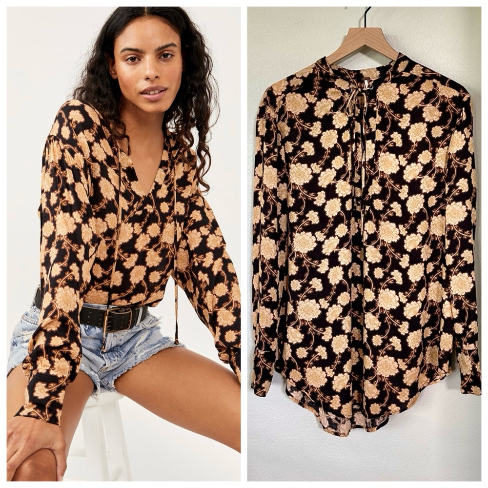 FREE PEOPLE M L Mia Tunic Top in Black Combo • Oversized Boho Long Blouse Shirt